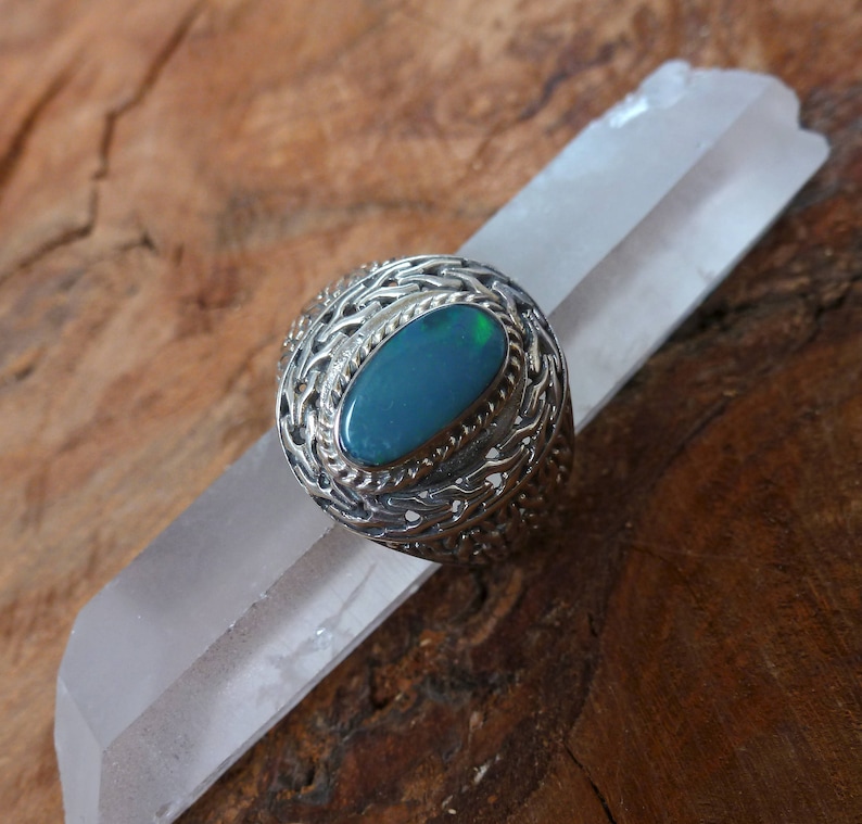 Statement Silver Blue Opal and Oxidised Sterling Silver Ring Handmade Fair Trade, Ring Opal , opal silver ring, large signet ring Opal image 3