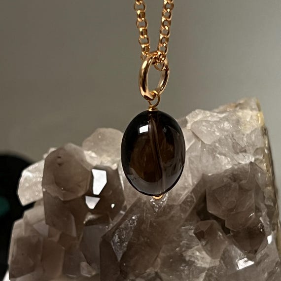 Handmade Smokey Quartz Pebble Pendant - Long Rollo Chain