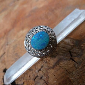 Statement Silver Blue Opal and Oxidised Sterling Silver Ring Handmade Fair Trade, Ring Opal , opal silver ring, large signet ring Opal image 2