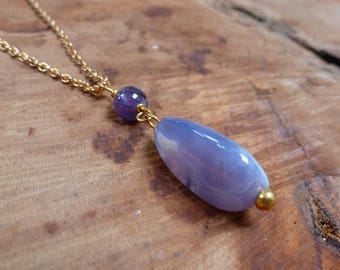 Freeform Purple Chalcedony Pendant Necklace, with Amethyst Bead, Purple and Lilac hand made crystal pendant gold plated fair trade