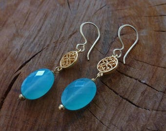 Faceted Blue Chalcedony and 22K Gold Plated Filigree Drop Earrings/Dangle Earrings/Gifts for Her/Gemstone Earrings/Healing Crystal/Fairtrade