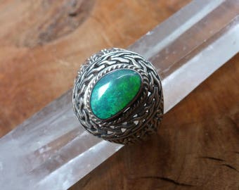 Statement Silver Blue Opal and Oxidised Sterling Silver Ring Handmade Fair Trade, Ring Opal , opal silver ring, large signet ring Opal