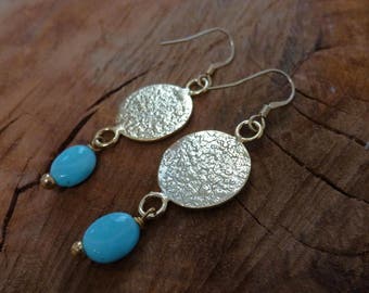 Blue Amazonite and  22K Gold Plated Hammered Coin Drop Earrings/Dangle Earrings/Gifts for Her/Gemstone/Healing Crystal/Fair trade Gift