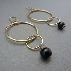 Black Recycled Glass Bead And Brass Hoop Drop Earrings/Recycled glass-Hoop Earrings/-Drop Earrings-/glass earrings /fair trade