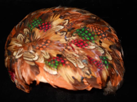 Vintage Orange Feathered Pillbox Hat Vintage 50s 60s Brown Orange Yellow Feather Pillbox Hat  main image 4
