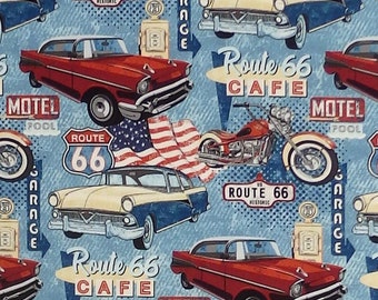 Classic Route 66 Motels Diners And Gas Pumps Themed Tapestry Upholstery Fabric By The Yard Pattern # A011