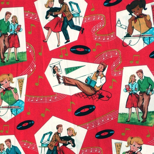 Michael Miller Happy Times, Fun Rhythm - vinyl record and rotary phone Fabric - Red - Per 1/2 metre - 100% Cotton