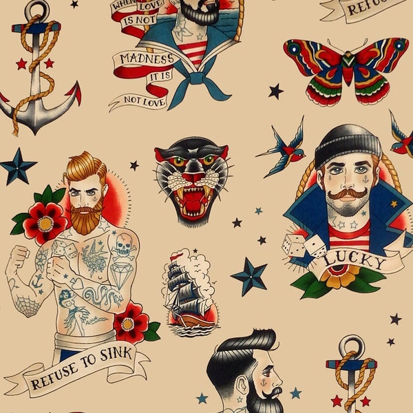 Alexander Henry Anchors Away - vintage inspired nautical sailor themed tattoo style Fabric - Dark Tea - Per 1/2 metre - 100% Cotton