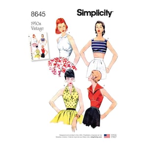May include: Simplicity sewing pattern 8645, showcasing vintage 1950s designs. The pattern includes illustrations of halter tops, skirts, and a collared top. The image has the text "Simplicity" and "SINCE 1927".