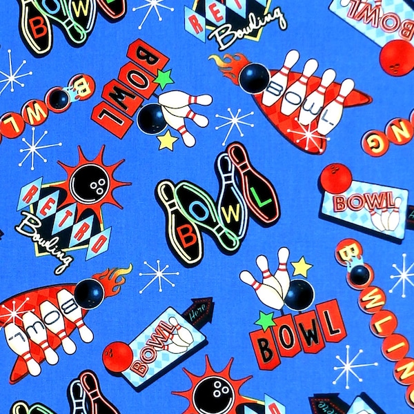 Blank Quilting Rock 'n Bowl Fabric - Tossed Neon Bowling Signs - Medium Blue - Per 1/2 metre - 100% Cotton