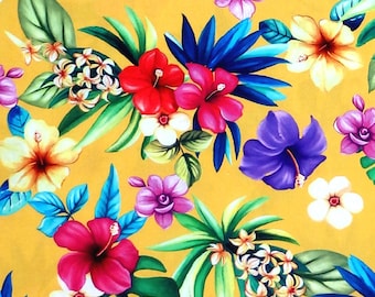 Michael Miller Lets Get Tropical, Aloha - Tessuto floreale hawaiano con foglie di palma - Giallo - Per 1/2 metro - 100% cotone