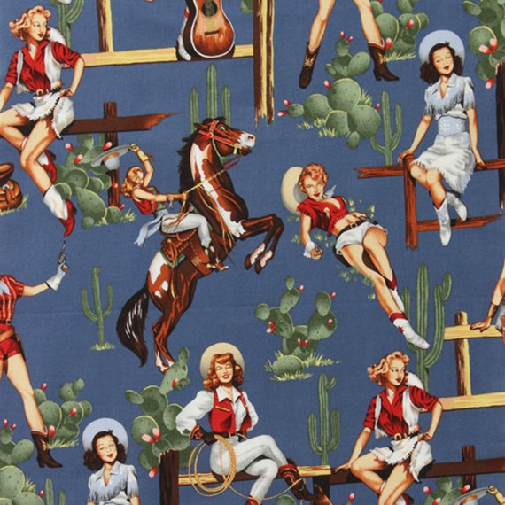 Alexander Henry FROM THE HIP Western Cowgirl Rodeo Pin Up Fabric Natural