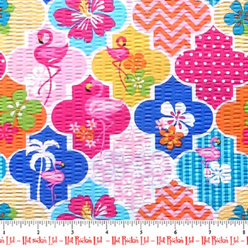 TUTTI FRUTTI Tropical Hawaiian Flamingo Hibiscus Floral Fabric Flamingo Island