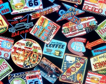 Blank Quilting Life's A Kick - American Route 66 Diner Signs Fabric - Black - Per 1/2 metre - 100% Cotton