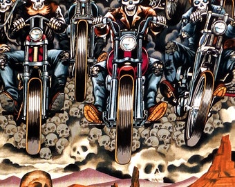 Alexander Henry Riders on the Storm - Skeleton Biker Fabric - Smoke - Per 1/2 metre - 100% Cotton