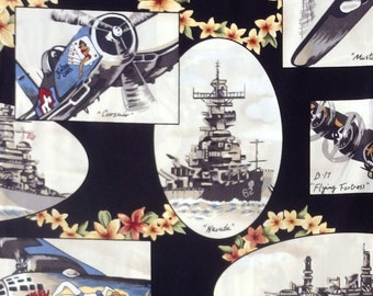 Hoffman Fighter Planes and Battle Ship - WWII Flying Fortress Bomber Aircraft Fabric - Black - Per 1/2 metre - 100% Cotton