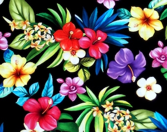 Michael Miller Lets Get Tropical, Aloha - Hawaiian floral palm leaf Fabric - Black - Per 1/2 metre - 100% Cotton