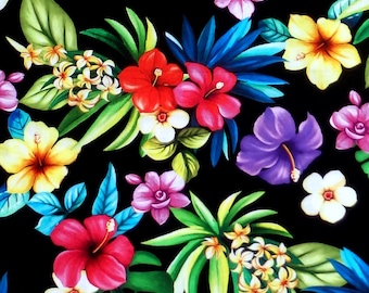 May include: A black background with a colorful tropical floral print. The print features hibiscus flowers in shades of red, pink, yellow, and purple, along with green leaves and white flowers.