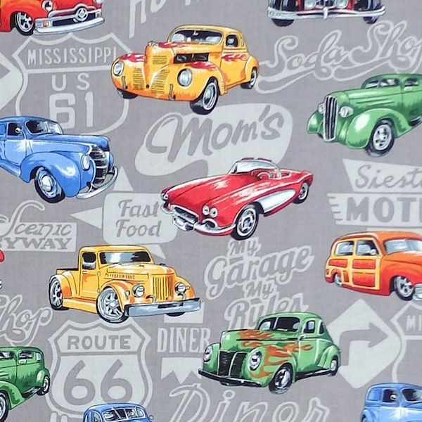 Nutex Hot Rods - Rockabilly Route 66 Car Truck Diner Fabric - Grey - Per 1/2 metre - 100% Cotton