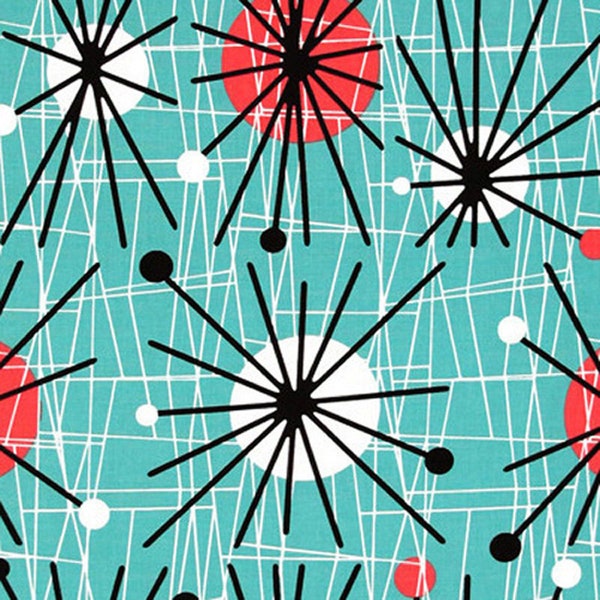 Michael Miller Atomic - 50s Retro Mid-Century Sputnik Starburst Fabric - Turquoise  - Per 1/2 metre - 100% Cotton