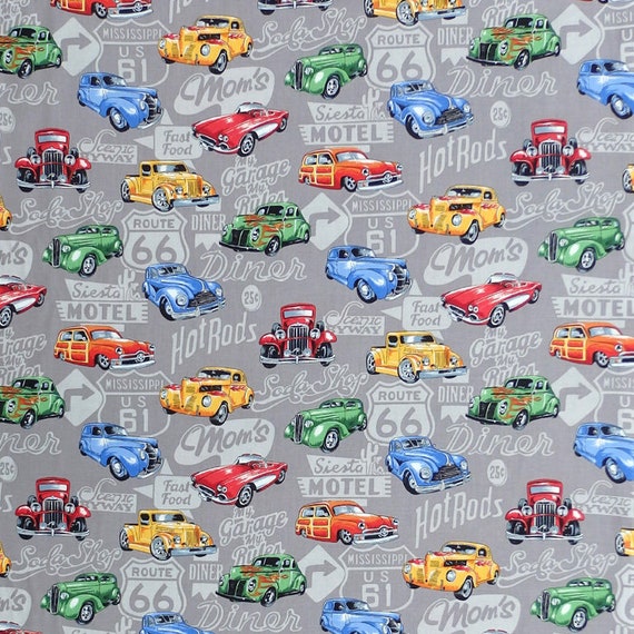 HOT RODS CARS IN MOTION ELIZABETH/'S STUDIO 100/% COTTON CREAM 1//2 YARD LOOK!!!