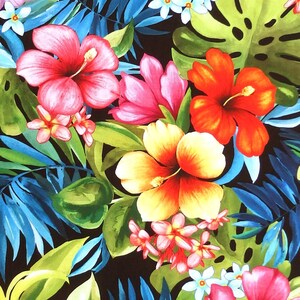 Michael Miller Lost In Paradise, Tropical Bliss - hawaiian floral palm leaf Fabric - Black - Per 1/2 metre - 100% Cotton