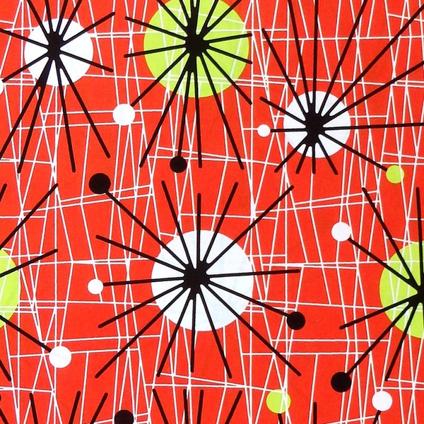 Michael Miller Atomic - 50s Retro Mid-Century Sputnik Starburst Fabric - Clementine - Per 1/2 metre - 100% Cotton