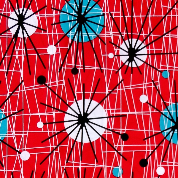 Michael Miller Atomic - 50s Retro Mid-Century Sputnik Starburst Fabric - Cherry - Per 1/2 metre - 100% Cotton