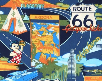 Hoffman Tropicals and Conversationals, Route 66 - Big Boy diner classic car gas station Fabric - Navy - Per 1/2 metre - 100% Cotton