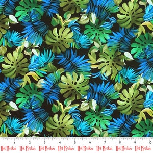 Michael Miller Lost In Paradise, Lavish Leaves Tissu tropical avec feuilles de fougères et palmiers Noir Par 1/2 mètre 100 % coton image 2