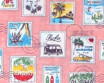 Sevenberry Hawaiian Stamps - tessuto aloha surfin' surfboard ibisco palma - rosa - Per 1/2 metro - 100% cotone