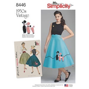 May include: A vintage Simplicity sewing pattern for a 1950s-style skirt with a poodle applique. The pattern includes instructions for the applique. The image shows a woman wearing the skirt, which is light blue with a black poodle design.