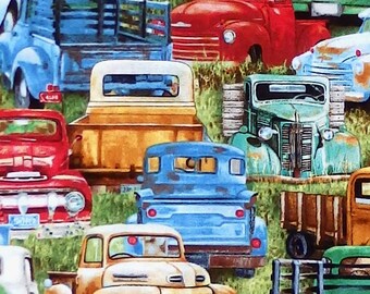 Elizabeth's Studio Vintage Trucks - classic American pick up truck fabric - Green - Per 1/2 metre - 100% Cotton