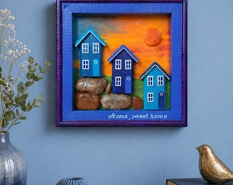 Handmade Wooden Shadow Box Wall Art “Home Sweet Home” – Layered House Scene with Natural Stones – Customizable Rustic Gift