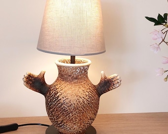 Sculptural Ceramic Table Lamp with Arms, Eclectic Brown Glaze Accent Light