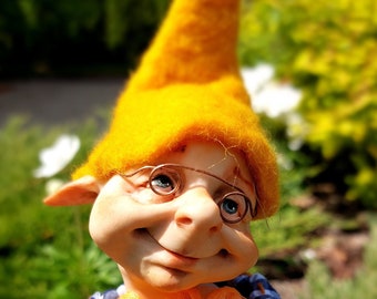 OOAK Elf Art Doll – Handmade Clay Figurine with Mushroom