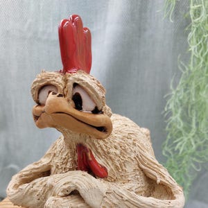 CRAZY Relaxing CHICKEN/ROOSTER - Funny, Hand Made Ceramic Gift, Sitting Figurine, Home decor, shelf decor, garden decor, ceramic rooster