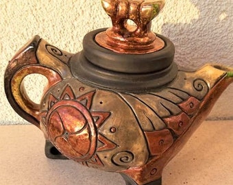 Teiera, ceramica OOAK Raku, con ornamenti originali, decorazioni per la casa fatte a mano, ceramica nera, 650ml