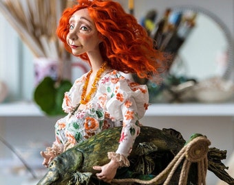 Handmade Art Doll, Lady with Fish, Unique Home Decor