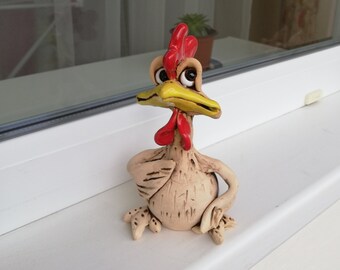 CHICKEN /& ROOSTER Couple Nice Hand Made Ceramic Funny Figurine Easter