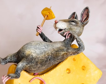 Relaxing Rat/mouse with Cheese, Fine art Doll, Handmade Home decor, Garden decor, Rat figurine, Shelf figurine, OOAK doll, Present, Gift