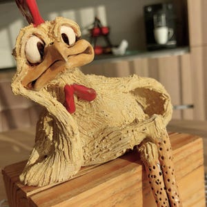 CRAZY Relaxing CHICKEN/ROOSTER - Funny, Hand Made Ceramic Gift, Sitting Figurine, Home decor, shelf decor, garden decor, ceramic rooster