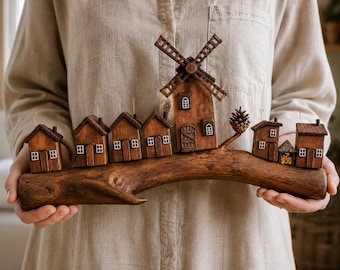 Handmade Wooden Village Decor with Windmill – Rustic Driftwood Wall Art – Scandinavian Farmhouse Shelf Decoration – Natural Wood Sculpture