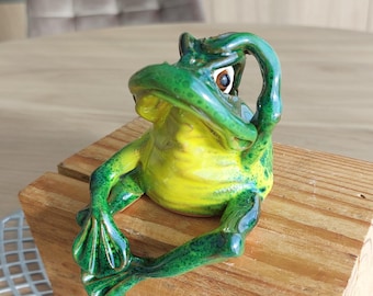 Relaxing Frog - ceramic figurine, green Reptile, home decor, garden decor, funny unusual gift, shelf decor, house warming decor, clay frog