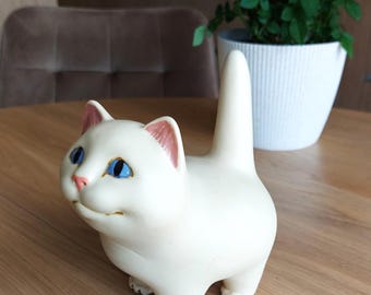 Handmade White Ceramic Cat Figurine, Pottery Animal Sculpture, Minimalist Home Accent, Clay Statue, Cat Lover Gift