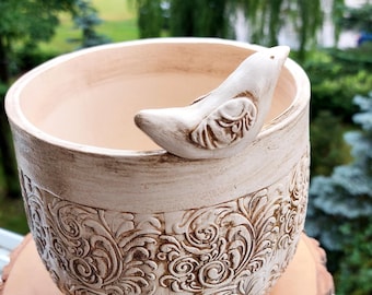 Handmade Ceramic Planter for Flowers, Clay Flowerpot, Country Style Pot, Summerhouse and Garden Home Decor Gift, Bird figurine, Housewarming