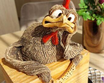 CRAZY Relaxing CHICKEN/ROOSTER - Funny, Hand Made Ceramic Gift, Sitting Figurine, Home decor, shelf decor, garden decor, ceramic rooster