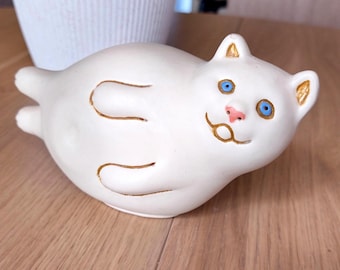 Handmade Ceramic Lazy Cat Sculpture, White Cat Home Decor,