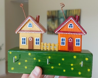 Handmade Wooden Key Holder, Rustic House Key Rack, Colorful Wall Mounted Organizer