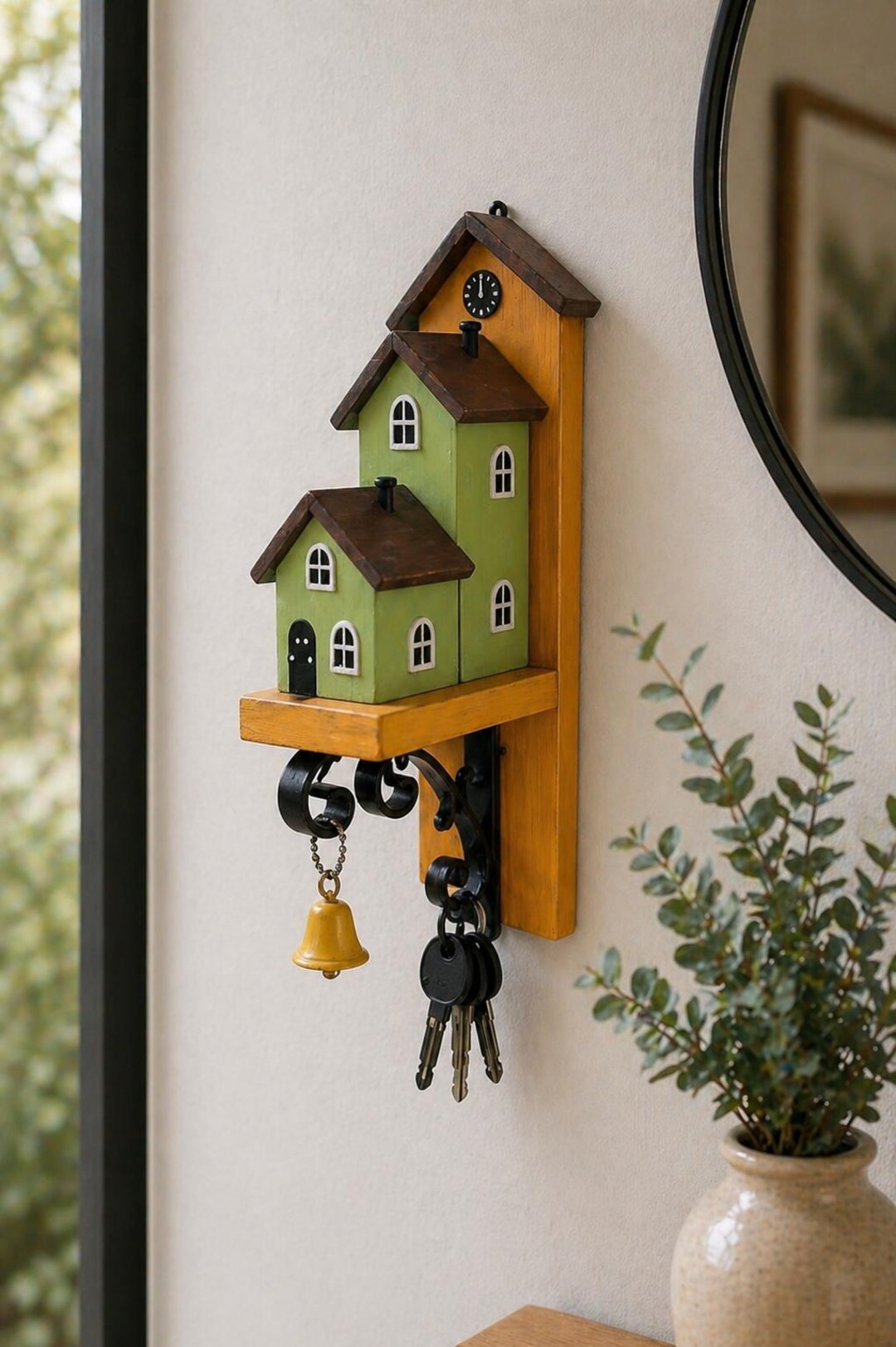 Handmade Wooden Key Holder With Bell & Clock | Rustic House Key Rack ...